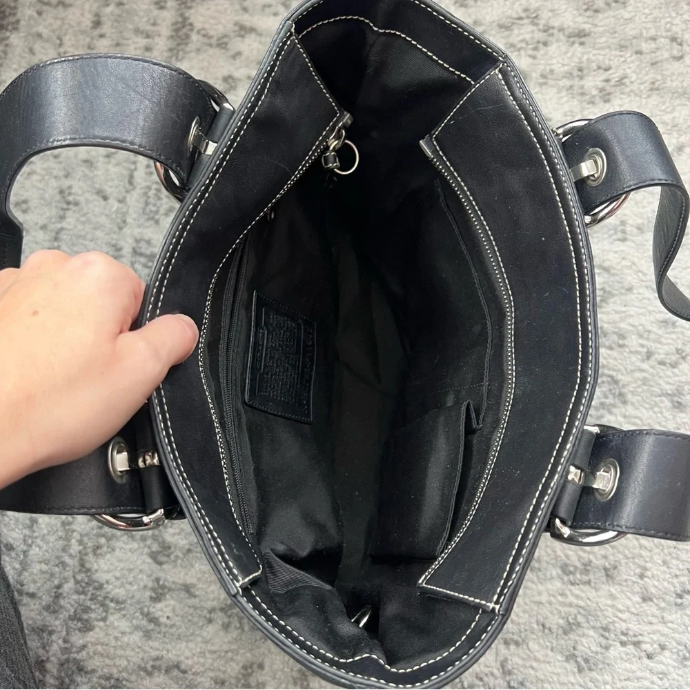 Coach Black Leather Tote with White Stitching
